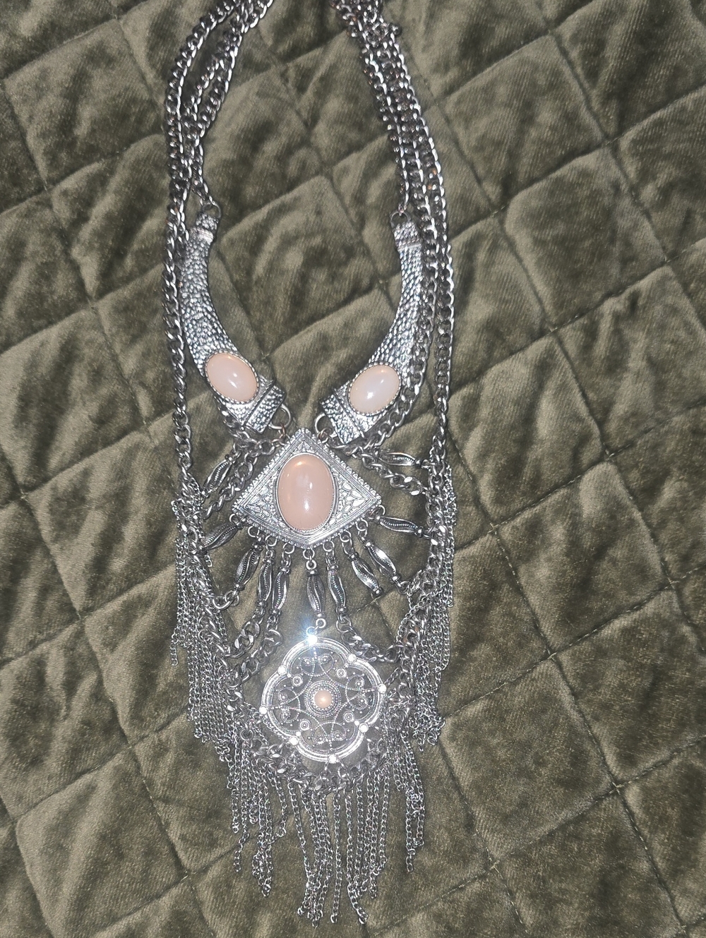 Statement Silver Necklace with Pale Pink Cabochons